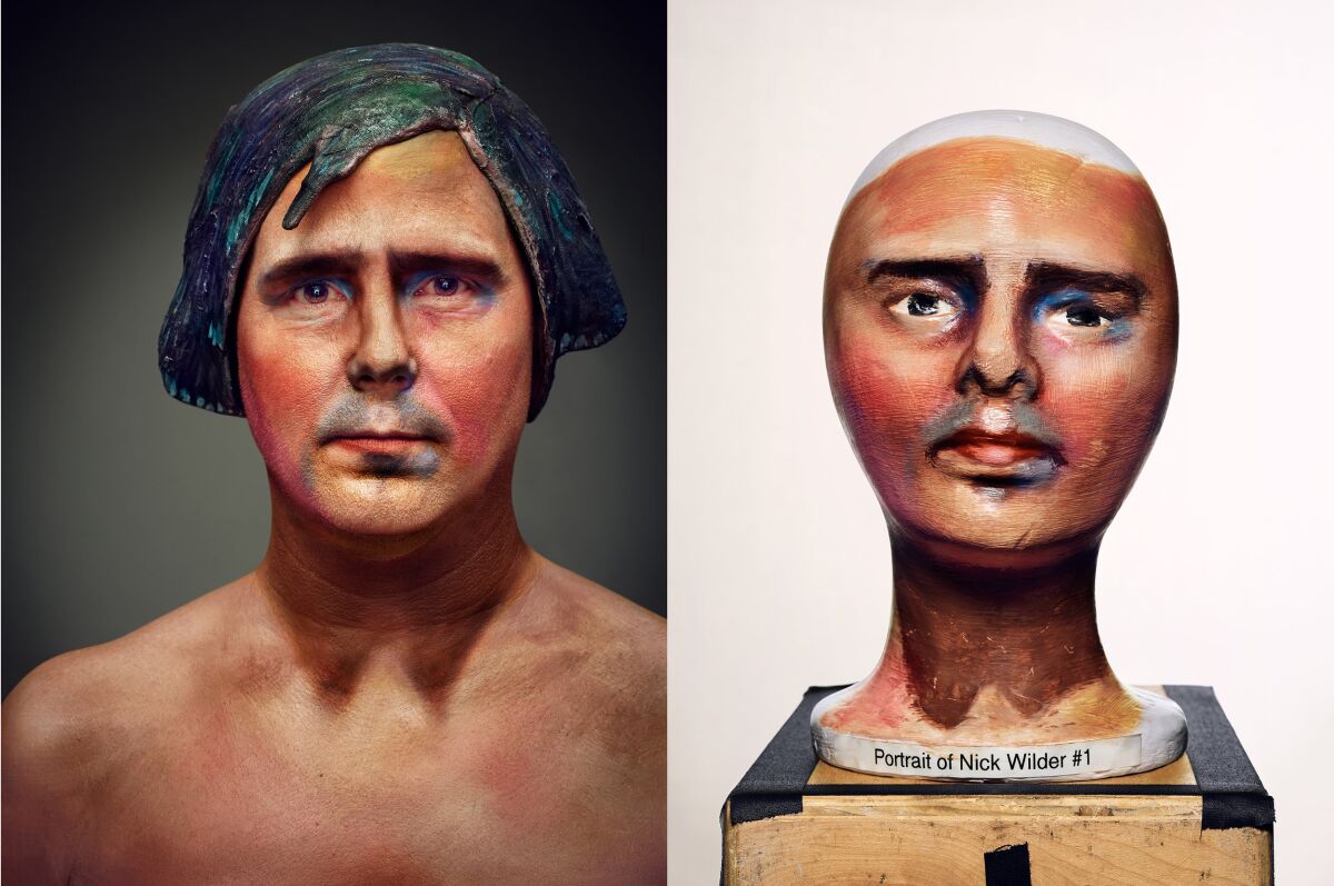 At right, a bust, left, a man painted like the bust
