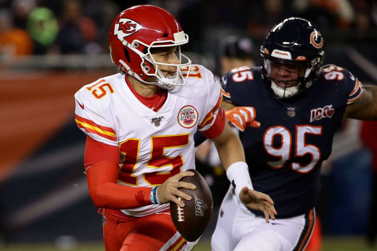 Kansas City Chiefs quarterback Patrick Mahomes looks to pass against the Chicago Bears on Sunday.