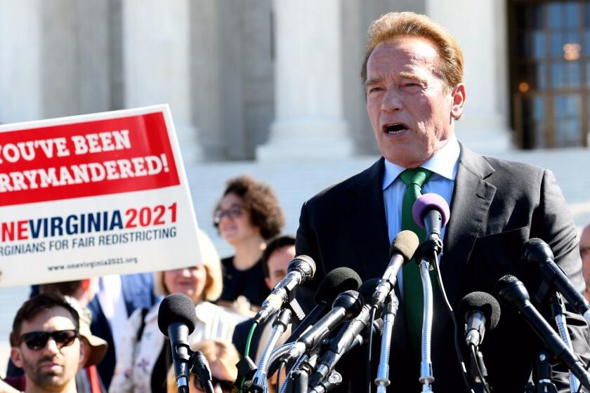 WASHINGTON, DC - OCTOBER 03: Former Gov. Arnold Schwarzenegger, R-Calif speaks outside of The United States Supreme Court during an oral arguments in Gill v. Whitford to call for an end to partisan gerrymandering on October 3, 2017 in Washington, DC. (Photo by Olivier Douliery/Getty Images) ** OUTS - ELSENT, FPG, CM - OUTS * NM, PH, VA if sourced by CT, LA or MoD **