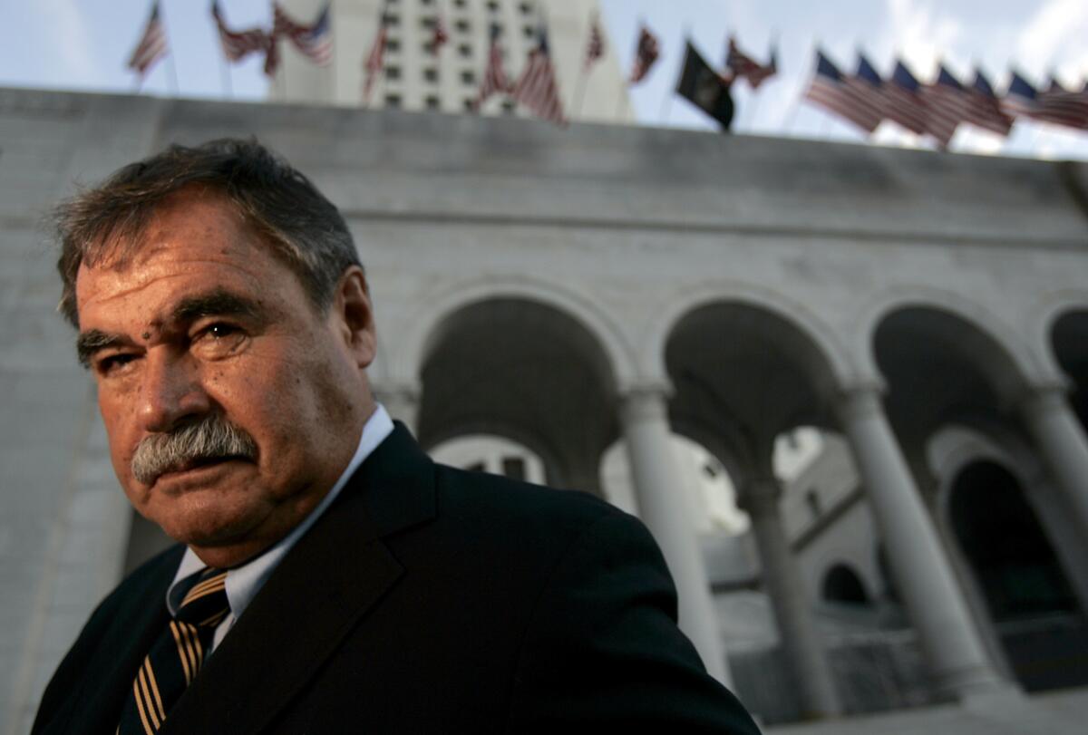 Los Angeles teacher Sal Castro photographed at the steps of City Hall. Castro was one of the leaders of the 1968 Chicano student walkouts, a protest for better schools that is considered the start of the Chicano movement.