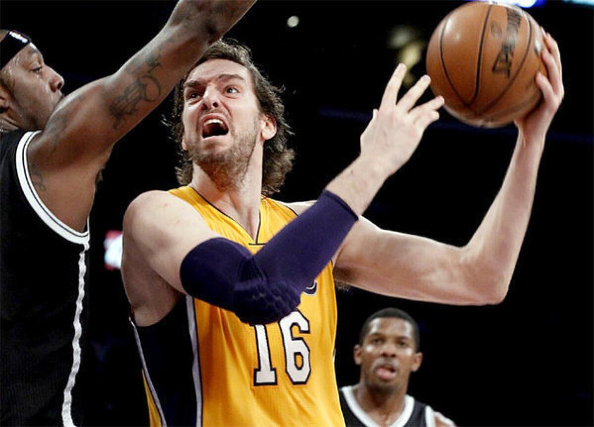 Pau Gasol goes up strong in the first half against the Brooklyn Nets.