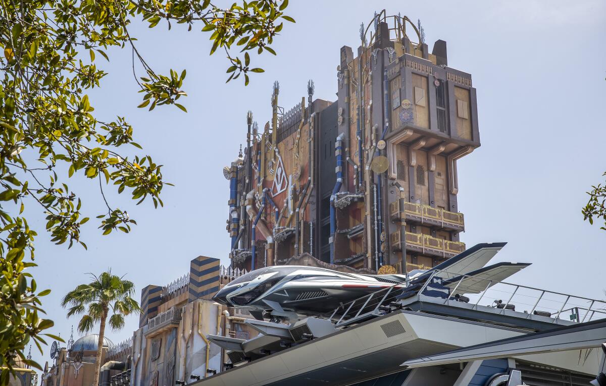 The top of the Guardians of the Galaxy ride behind the Quinjet aircraft