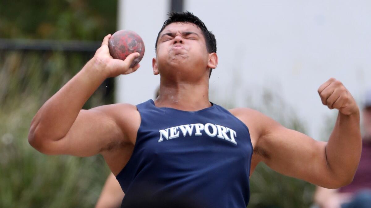 Newport Harbor High's Aidan Elbettar throws the shotput in the CIF Southern Section Division 2 meet at El Camino College in Torrance on May 19.