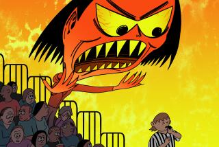 Illustration of a large angry figure yelling at a basketball ref from gymnasium bleachers.