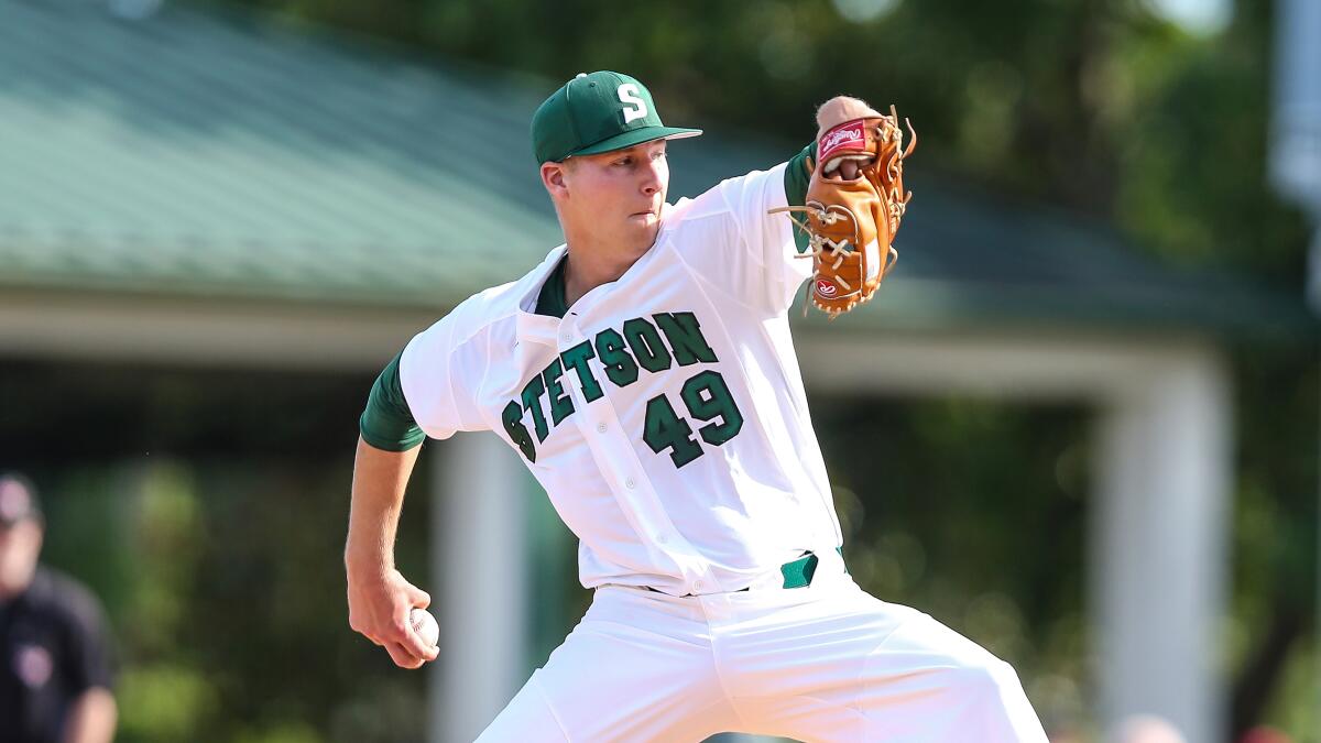 Stetson's Robbie Peto pitches against Florida State on May 8, 2019.