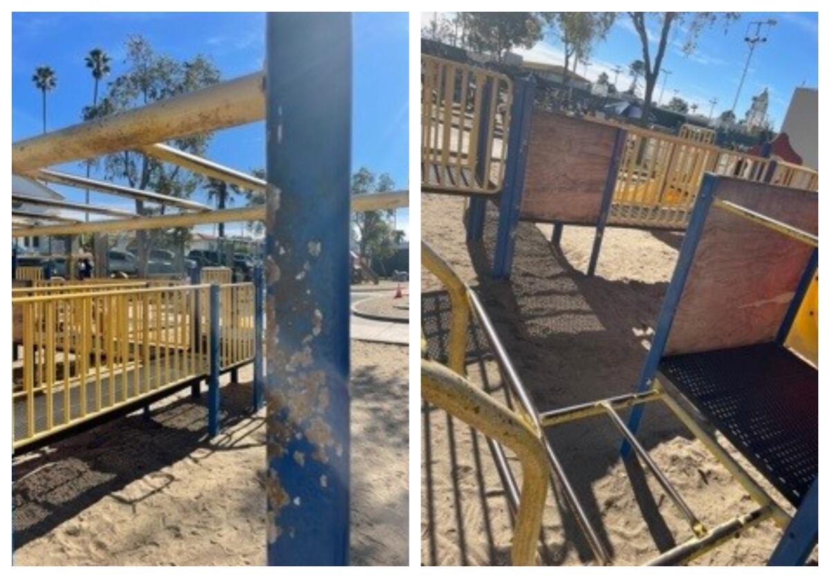 The condition of playground equipment at the La Jolla Recreation Center has reader Carla Modiano unhappy.