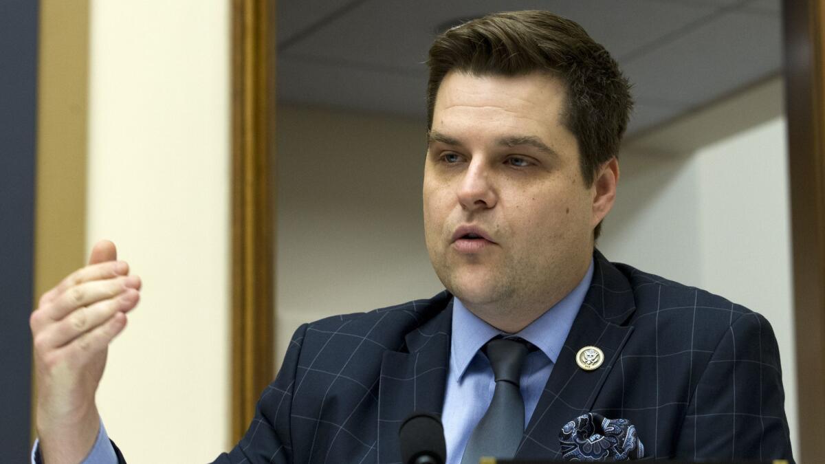 Rep. Matt Gaetz, R-Fla., speaks during a House Judiciary Committee at Capitol Hill in Washington on Feb. 6, 2019.