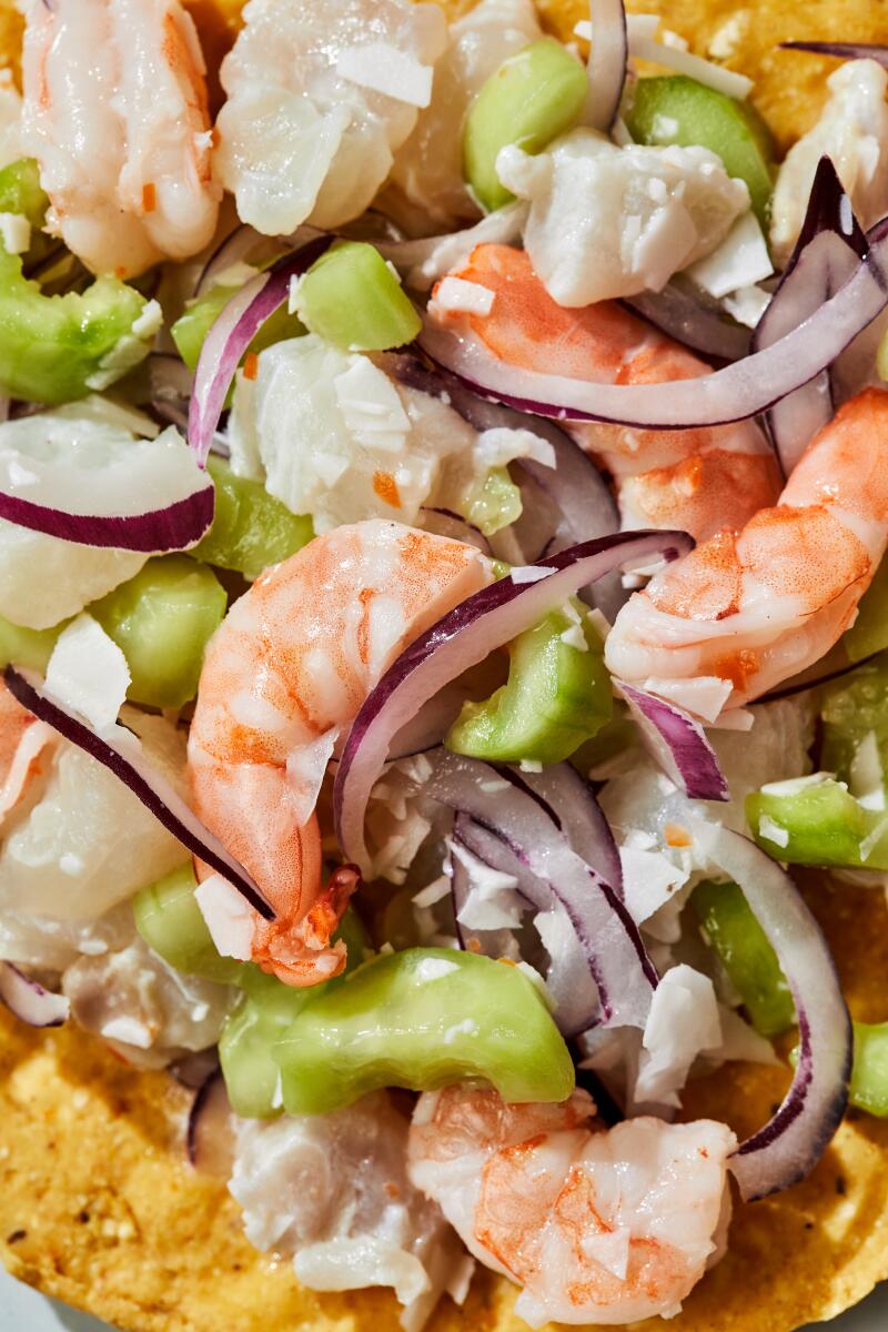 Coconut-Habanero Fish Ceviche with Poached Shrimp. 