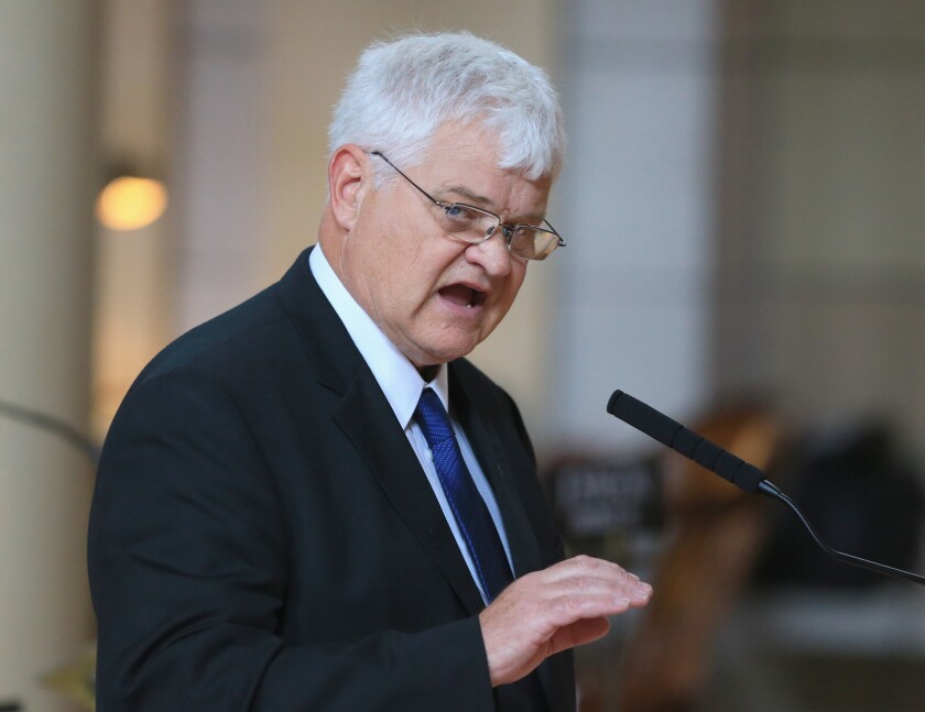 FILE- Former state Sen. Mike Groene, of North Platte, Neb., speaks during a second round debate on budget bills, Wednesday, May 6, 2015, in Lincoln, Neb. The state lawmaker who resigned amid allegations that he took photos of a female staffer in his office without her permission acted in a "boorish, brainless and bizarre" manner but did not commit unlawful sexual discrimination or harassment, according to a legislative report released Tuesday, April 12, 2022. (AP Photo/Nati Harnik_File)