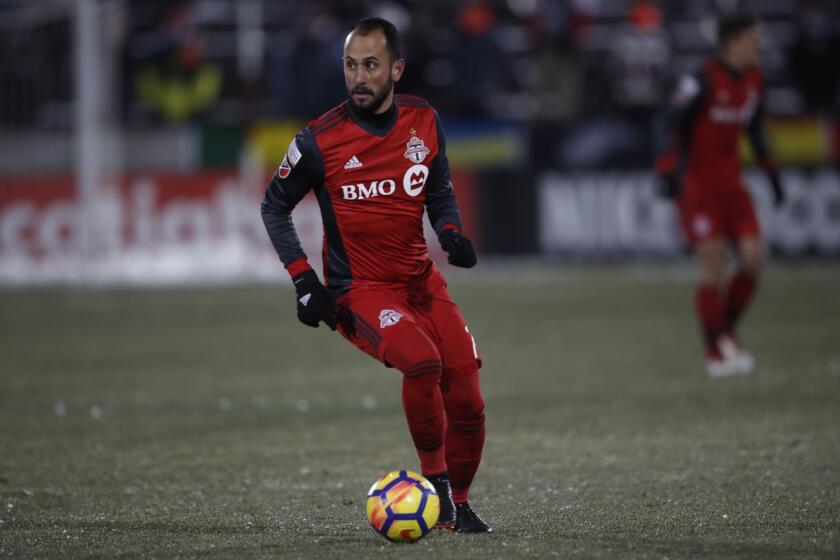 Toronto FC midfielder Victor Vazquez (7) in the first half of a CONCACAF Champions League match Tuesday, Feb. 20, 2018, in Commerce City, Colo. (AP Photo/David Zalubowski)
