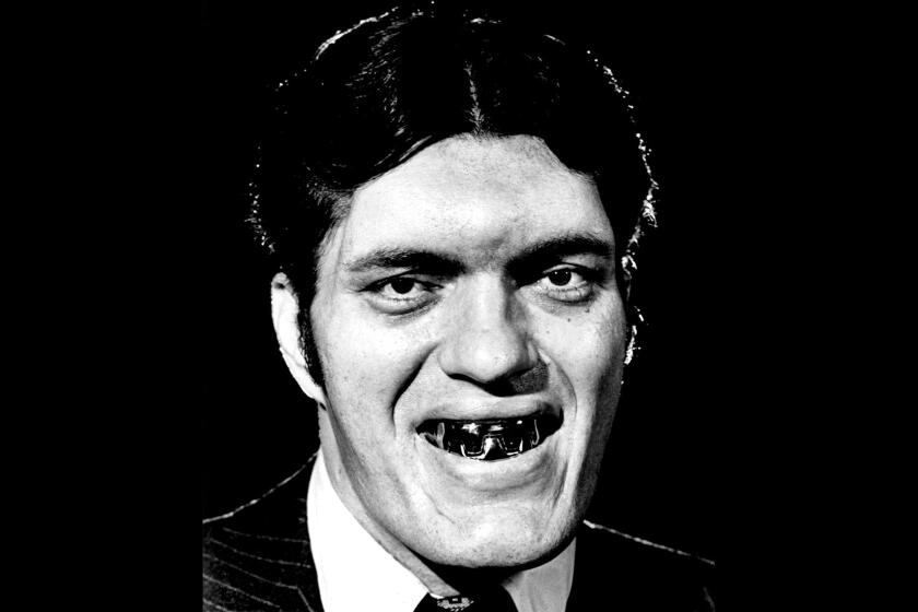 Richard Kiel portrays Jaws, a murderous giant with a mouthful of deadly steel teeth, in a scene from "The Spy Who Loved Me" (1977).