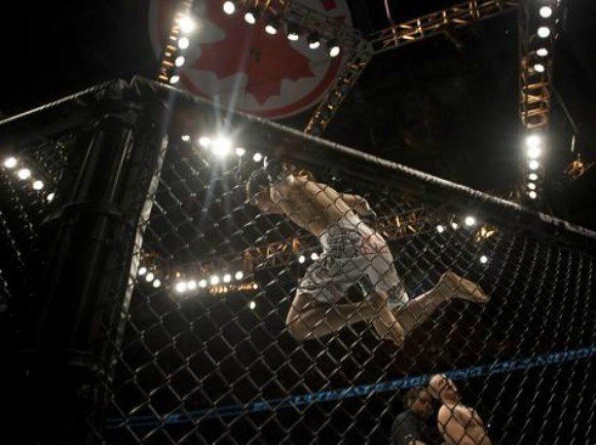 "Korean Zombie" Chan Sung Jung jumps for joy after defeating Mark Hominick, lower right, during UFC 140 in Toronto on Dec. 10, 2011.