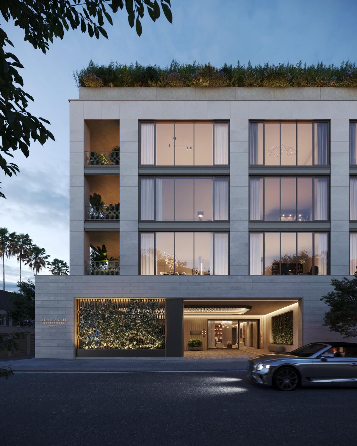 A rendering shows the main entrance to Rosewood Residences Beverly Hills.