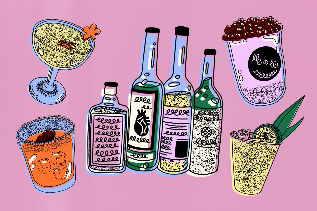 Illustrations of cocktails, bottles and other drinks against a lavender background