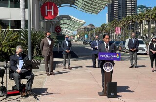San Diego Mayor Todd Gloria outside the San Diego Convention Center.