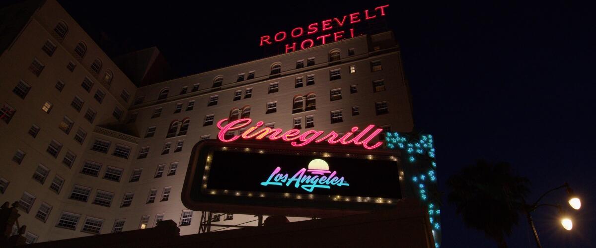 L.A.'s new logo is displayed on a billboard before the Roosevelt Hotel in Hollywood last month