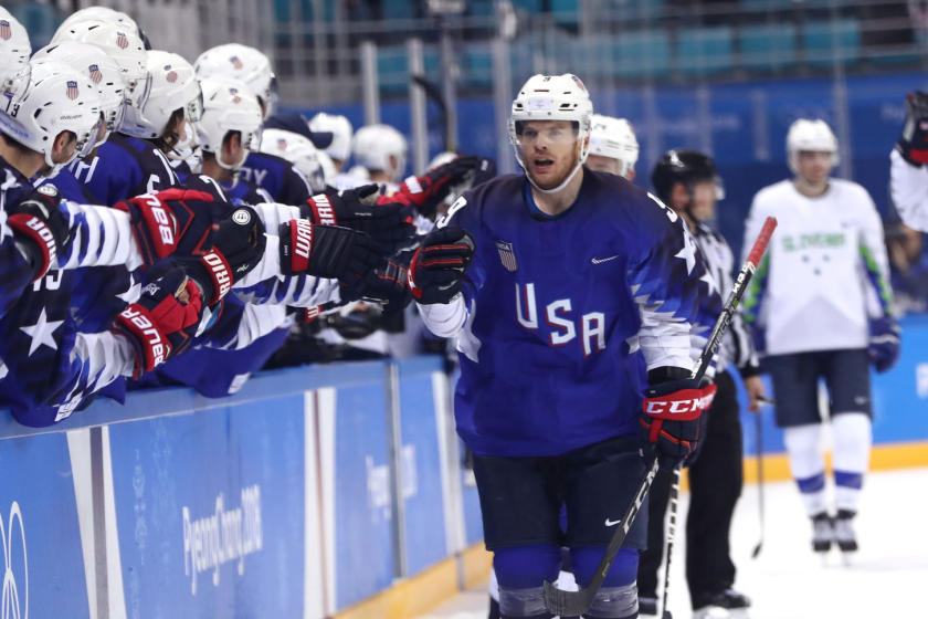 GANGNEUNG, SOUTH KOREA - FEBRUARY 14: Brian O'Neill #9 of the United States celebrates after scoring a goal.