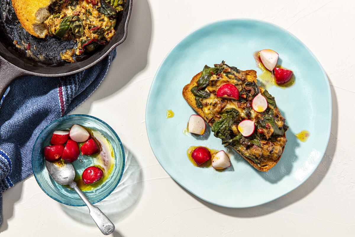 These Swiss chard and Swiss cheese toasts are part of the first 'Week of Meals' series by our cooking columnist. 