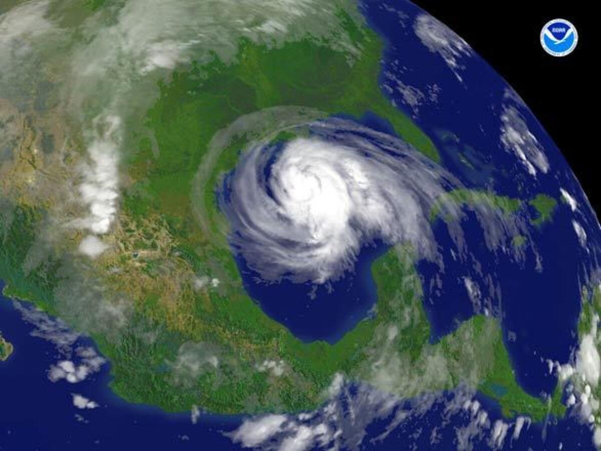 A satellite photo shows the cloud swirl of Hurricane Ike approaching Houston in 2008.
