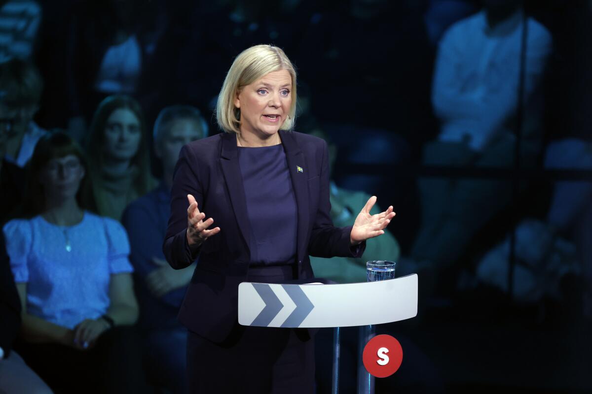 Prime minister Magdalena Andersson, leader of the Social Democrats, takes part in a political debate broadcasted on TV4 from Eskilstuna, Sweden, Thursday Sept. 8, 2022. General elections will be held in Sweden on September 11. (Christine Olsson/TT via AP)