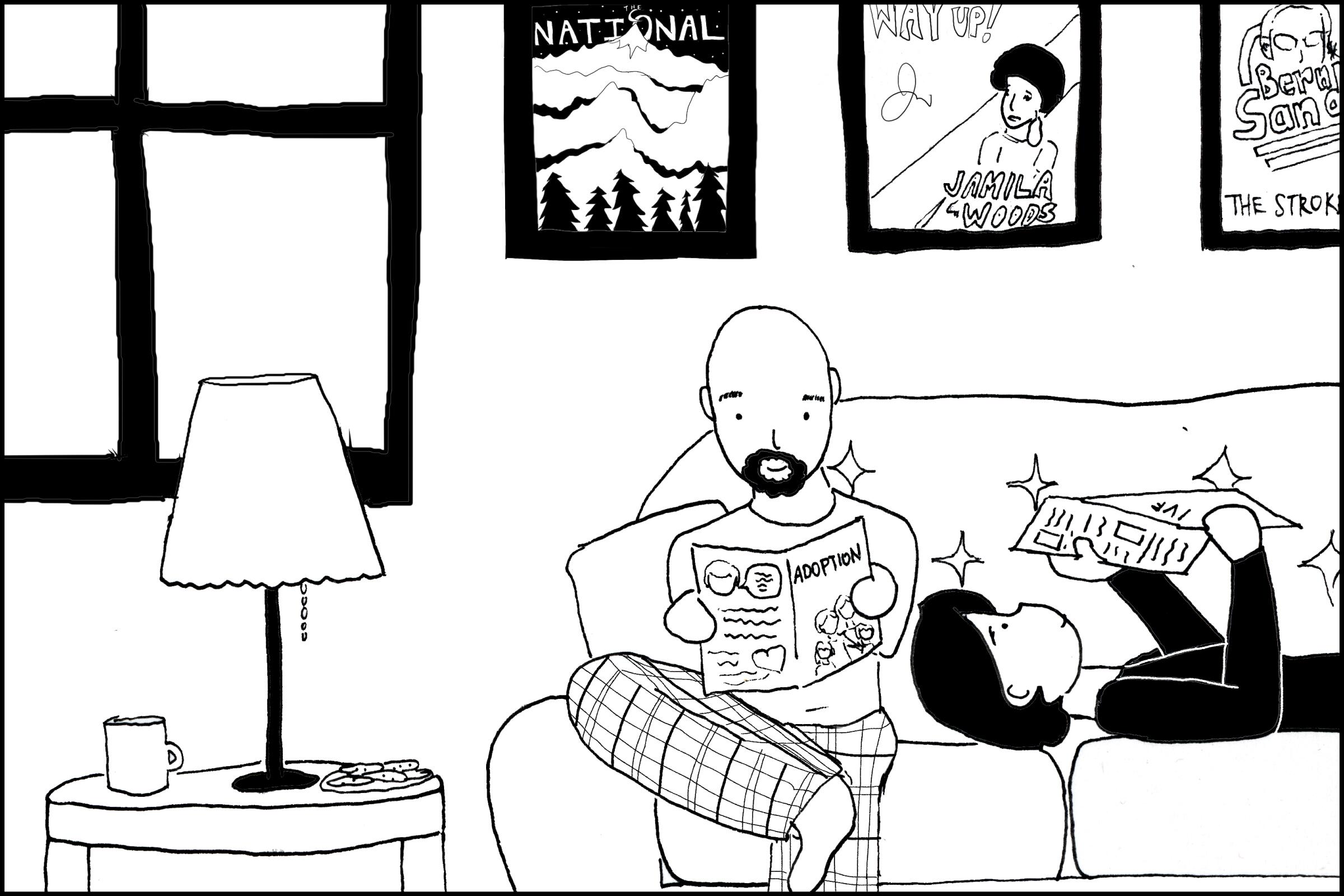 Illo of a woman and man on a couch. The woman is lying down and man is sitting up reading a book with "Adoption" on the cover