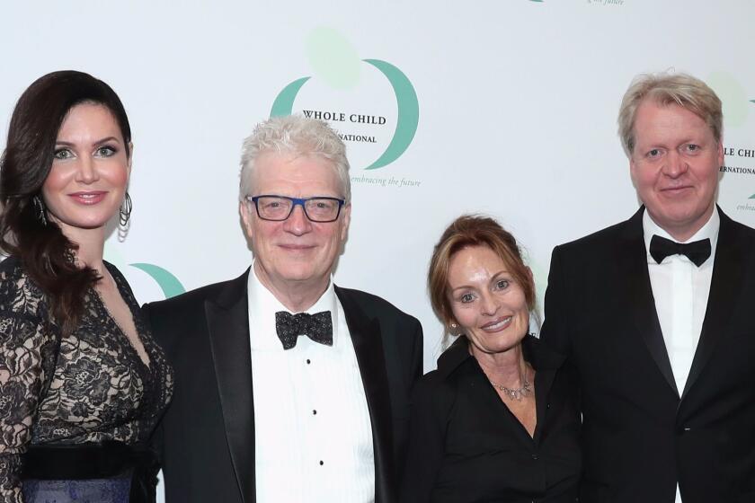 BEVERLY HILLS, CA - OCTOBER 26: Countess Karen Spencer (L), Ken Robinson (2nd from L) and The Earl Spencer (R) at the Whole Child International's Inaugural Gala in Los Angeles hosted by The Earl and Countess Spencer at Regent Beverly Wilshire Hotel on October 26, 2017 in Beverly Hills, California. (Photo by Rich Polk/Getty Images for Whole Child International)