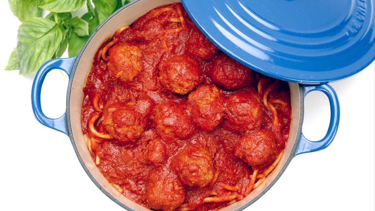 Spaghetti and meatballs makes for an easy one-pot meal you can make with your kids.