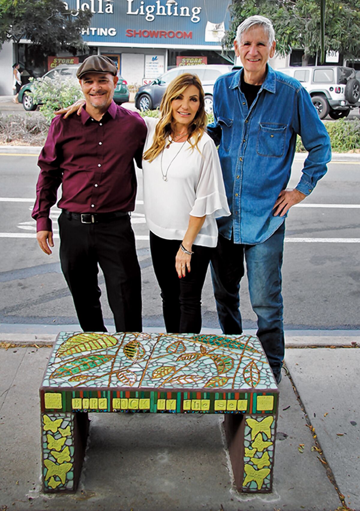 Thom Kezas, Krista Robbins and AJ Mason. Bird Rock Community Council added this new community bench to its series titled "Dancing Through Life." The mosaic bench was dedicated Sept. 22, 2019 at 5643 La Jolla Blvd. to honor Joanne Mason.