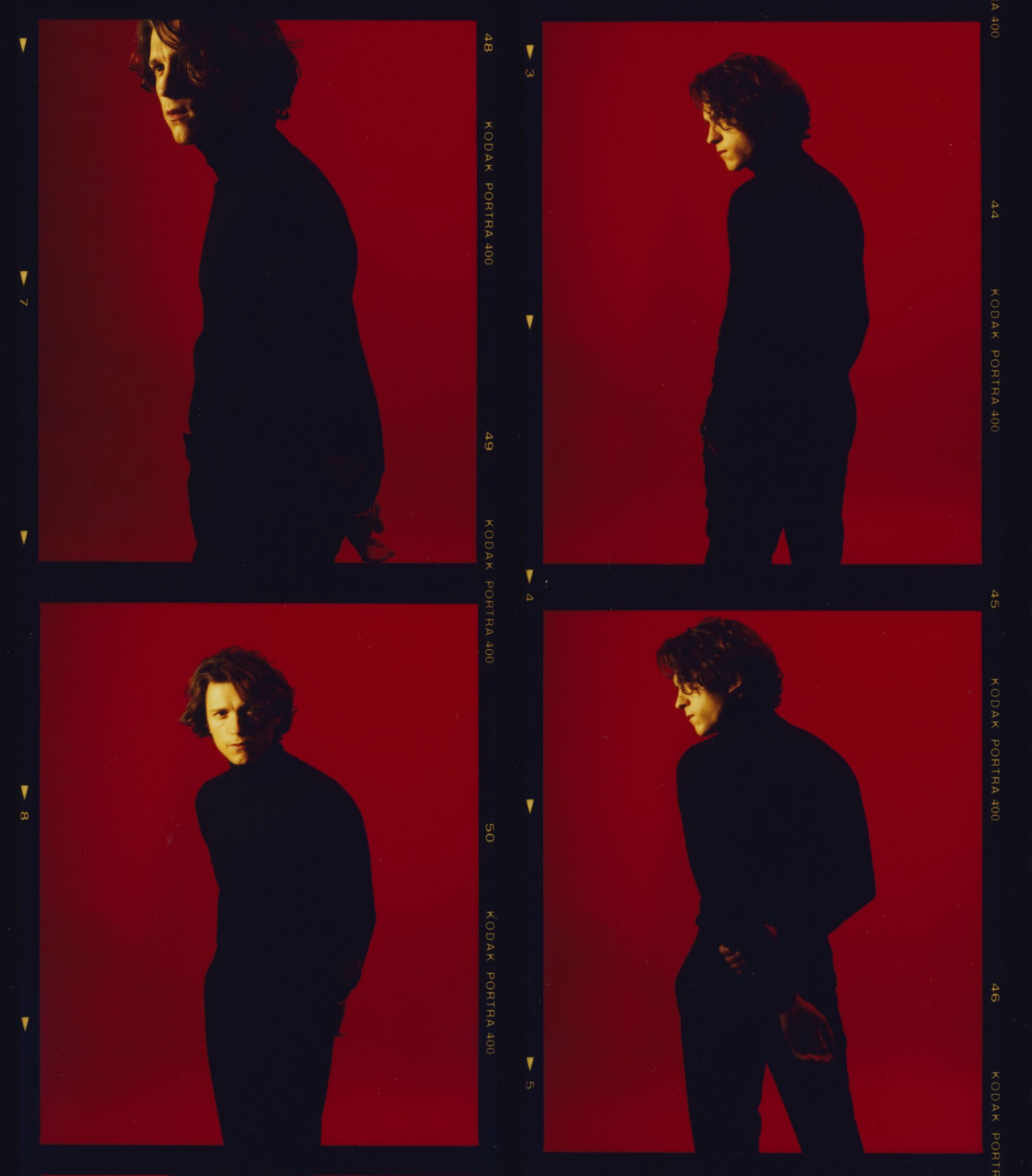  Four panels show photo portraits of Tom Holland against a deep red background.