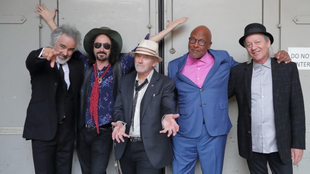 The Heartbreakers backstage before the last of three sold-out performances at the Hollywood Bowl on Sept. 25, 2017, left to right: bassist Ron Blair, lead guitarist Mike Campbell, keyboardist Benmont Tench, drummer Steve Ferrone and keyboardist/guitarist Scott Thurston