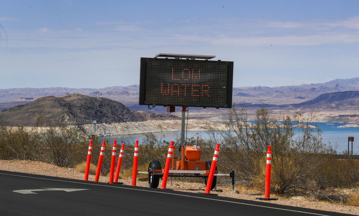 A sign at Lake Mead says "low water"
