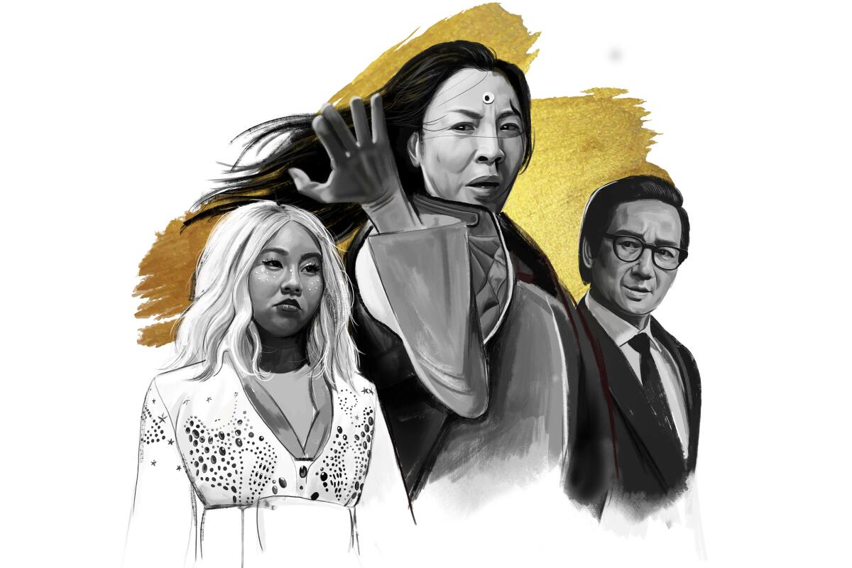 An illustration of Stephanie Hsu, Michelle Yeoh and Ke Huy Quan in "Everything Everywhere All at Once." 