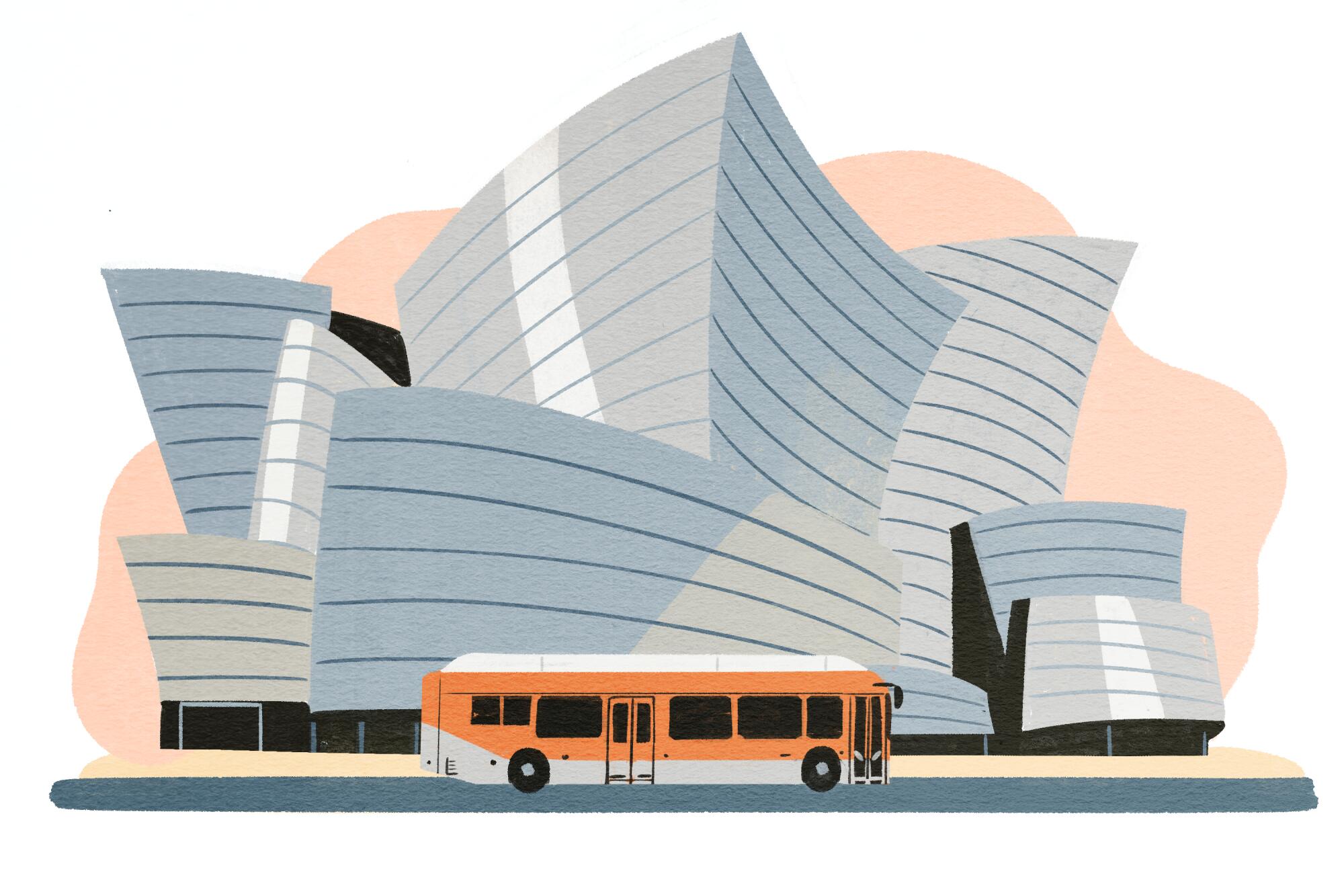 Illustration of city bus driving past LA Philharmonic