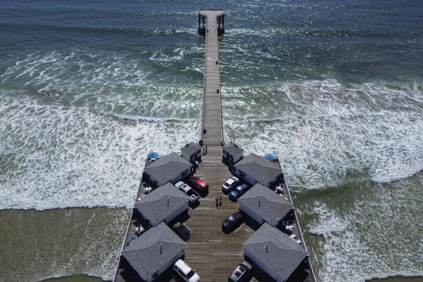 SAN DIEGO, CA-May 5: View of Crystal Pier in Pacific Beach on Friday, May 5, 2023. The Pier, past the bungalows is closed due to the recent Winter storms.(Photo by Sandy Huffaker for The San Diego Union-Tribune)