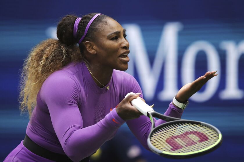 Serena Williams, of the United States, reacts after losing a point to Bianca Andreescu, of Canada, during the women's singles final of the U.S. Open tennis championships Saturday, Sept. 7, 2019, in New York. (AP Photo/Charles Krupa)