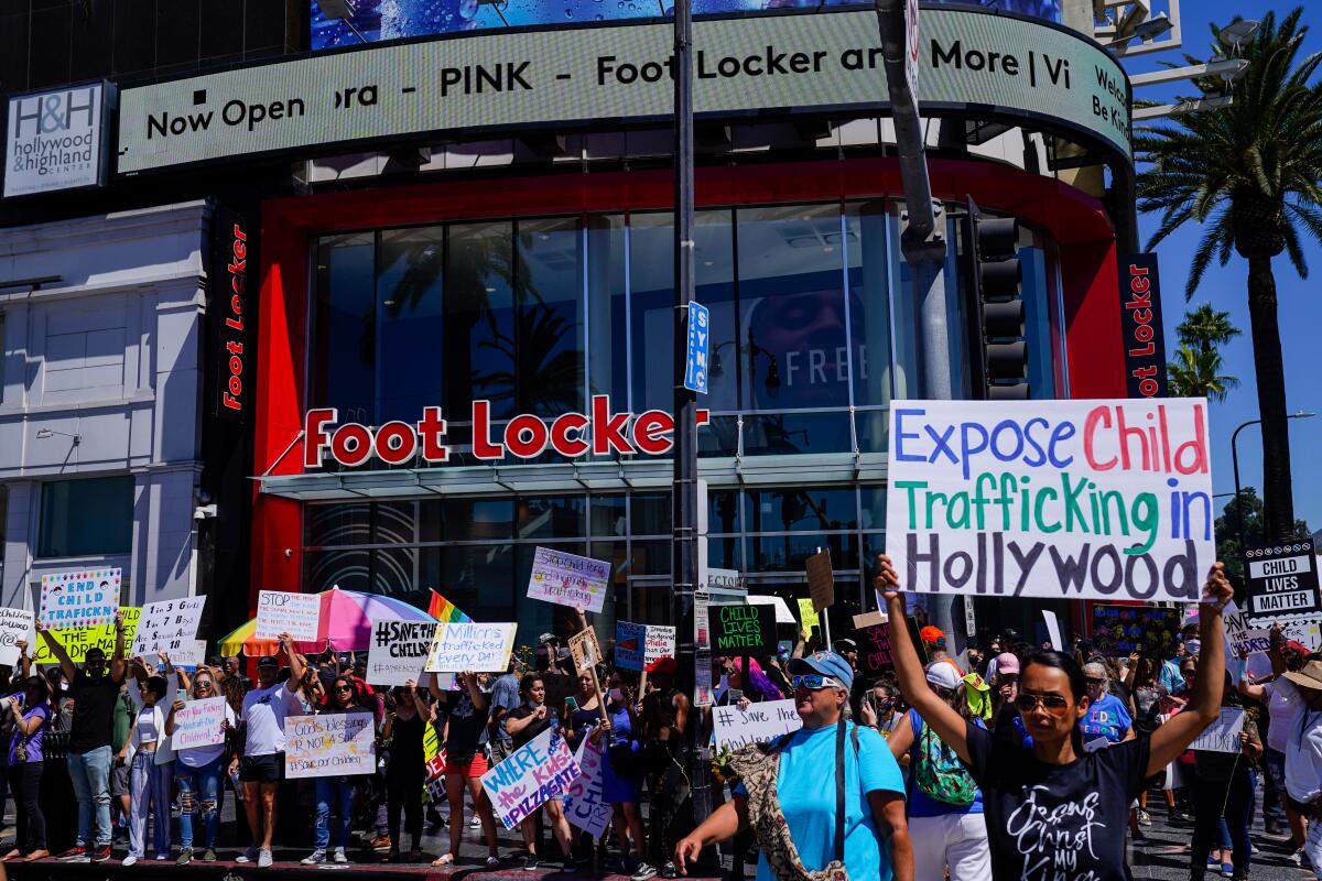 A QAnon-inspired demonstration in Hollywood against supposed child trafficking.