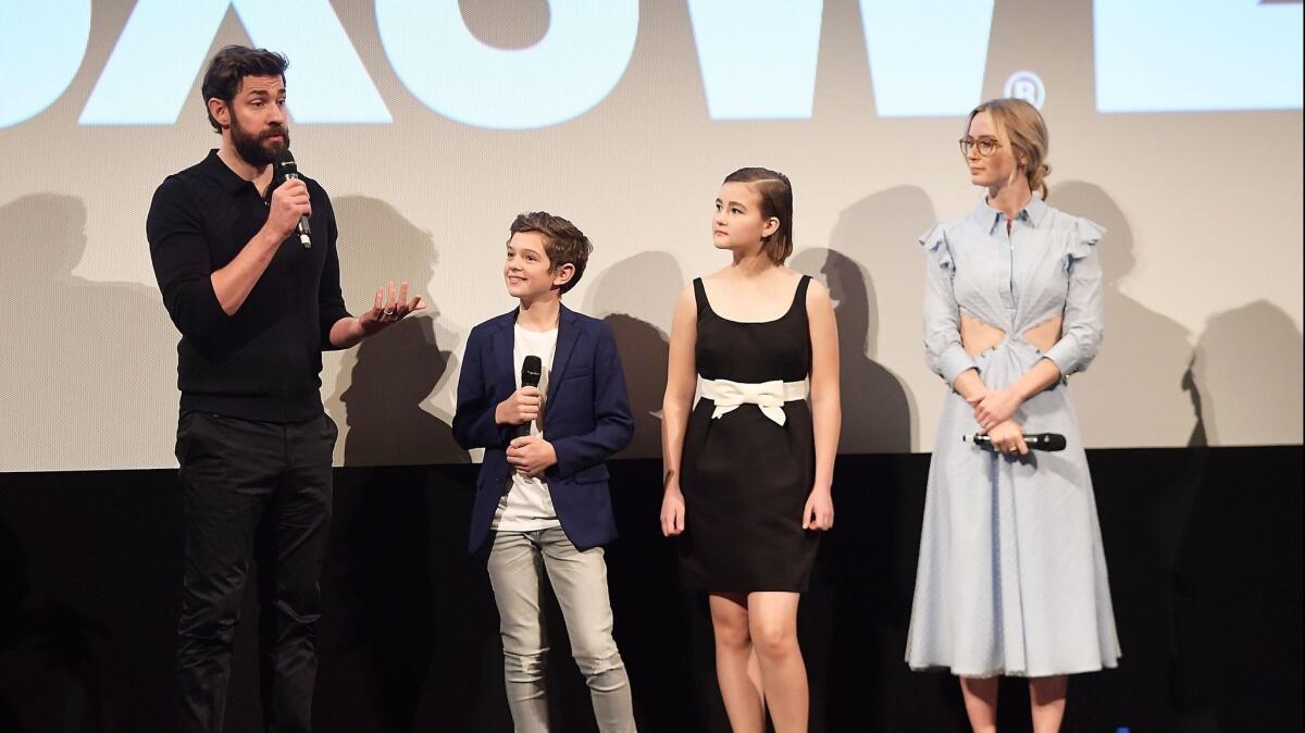 From left, John Krasinski, Noah Jupe, Millicent Simmonds and Emily Blunt attend the premiere for "A Quiet Place" at South by Southwest on March 9, 2018, in Austin, Texas.