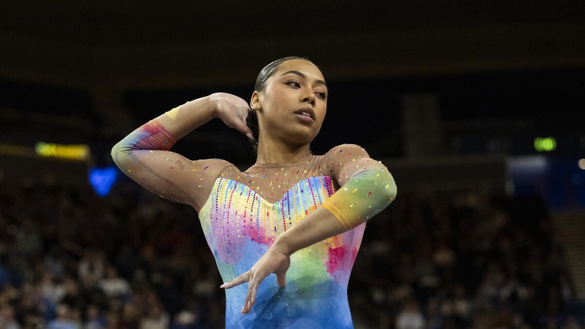 UCLA's Margzetta Frazier competes during an NCAA gymnastics meet against Oregon State on Jan. 29 at Pauley Pavilion.