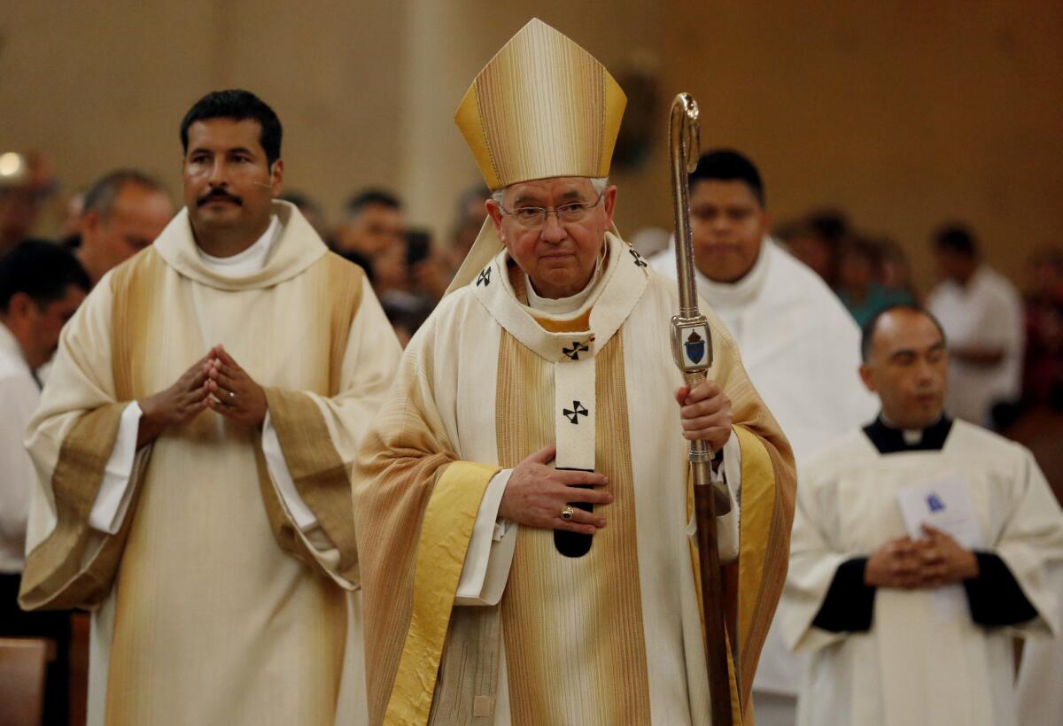 Archbishop Jose H. Gomez during Mass in recognition of immigrants at the Cathedral of Our Lady of Angels, in Los Angeles, earlier this year.