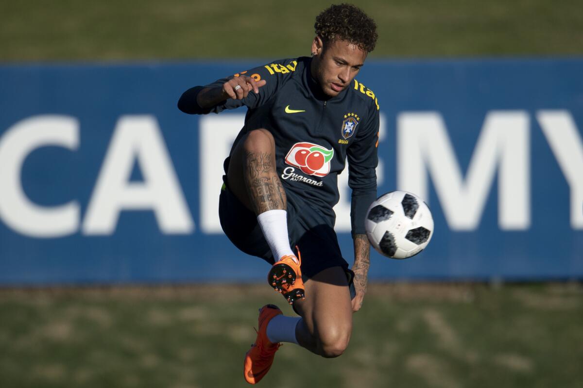 Brazil's Neymar attends a training session of the national football team ahead of FIFA's 2018 World Cup, at Granja Comary training centre in Teresopolis, Rio de Janeiro, Brazil, on May 22, 2018.