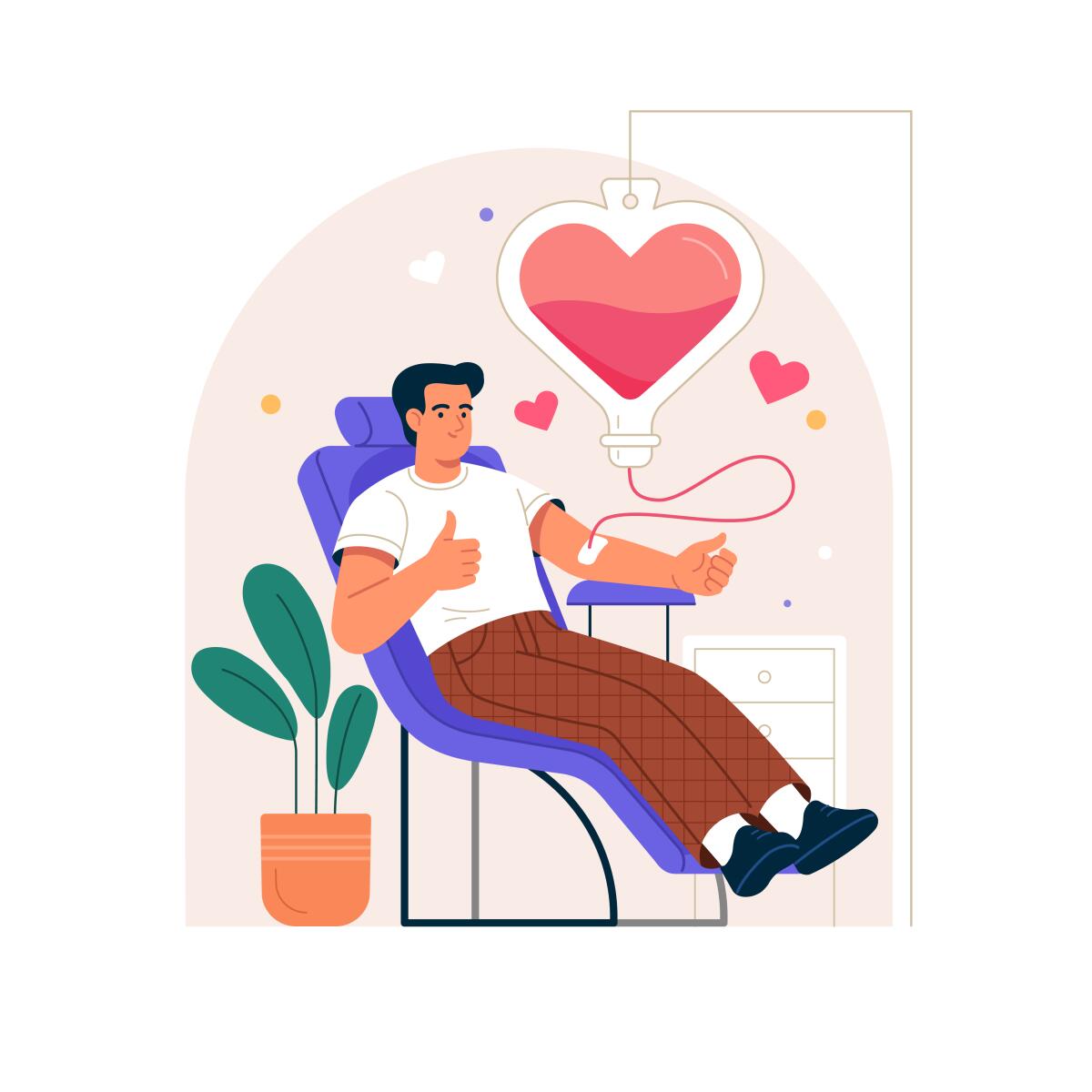 Vector illustration in flat cartoon style of a young smiling man in a chair donating his blood into a heart-shaped container.