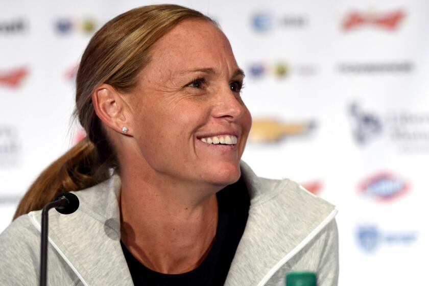 Christie Rampone answers questions during the U.S. women's soccer team's media day before the Women's World Cup on May 27 in New York.