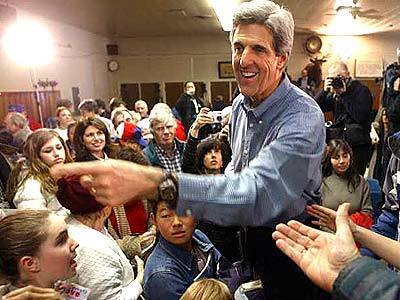 John Kerry greets supporters at a chili feed hosted by his campaign in the Laconia, New Hampshire Elks Lodge.