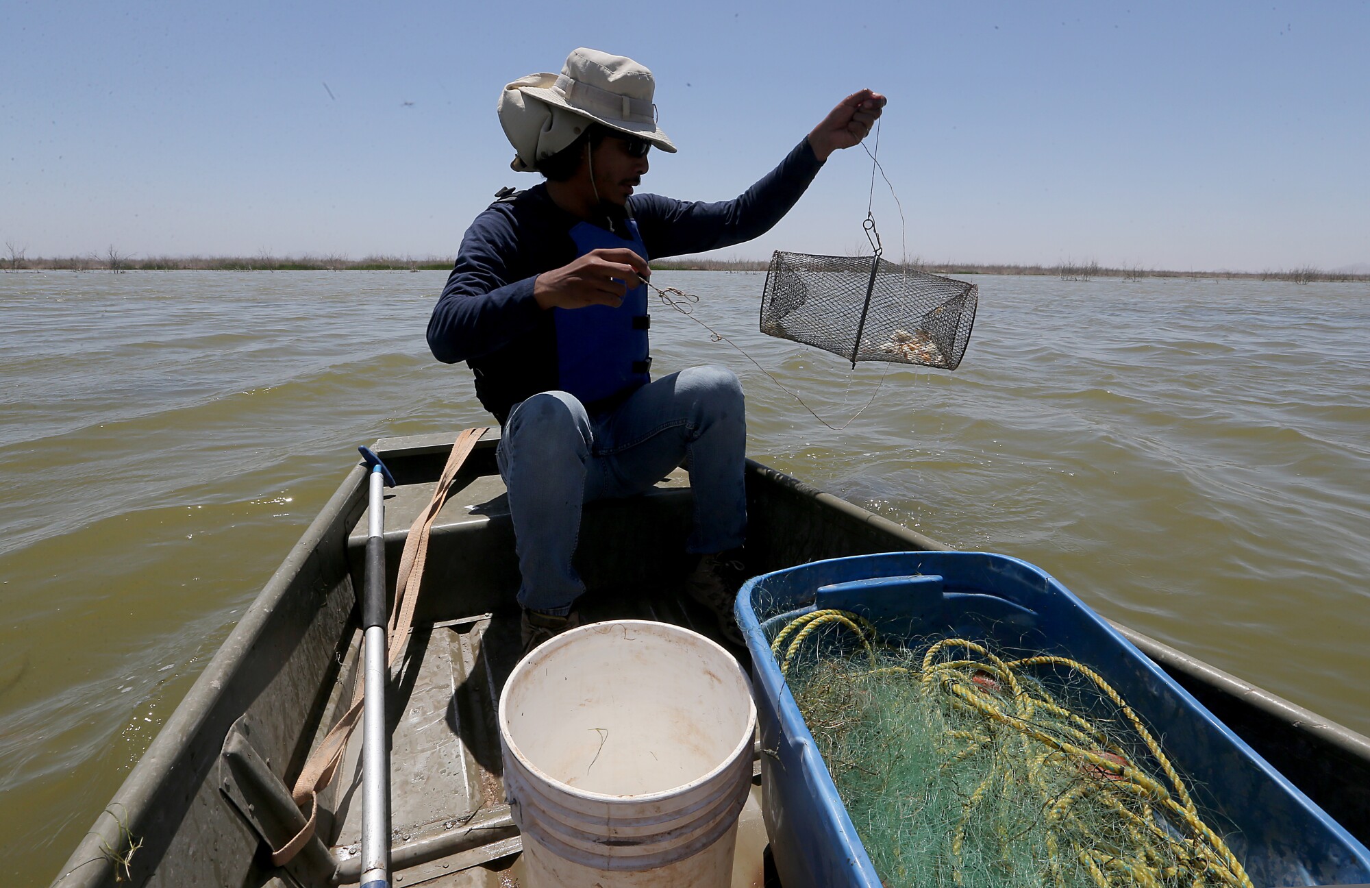Conservationist Israel Mateo Sánchez Leyva collects fish during a survey in the Colorado River's estuary.
