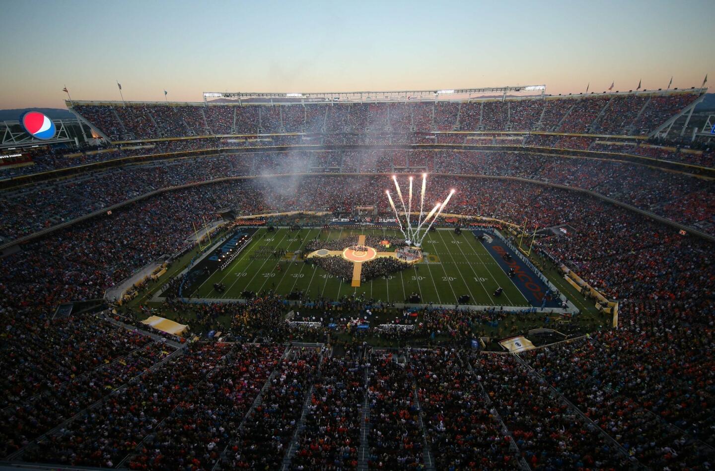A view from the cheap seats of the halftime show featuring Cold Play, Bruno Mars and Beyonce in Super Bowl 50 at Levi's Stadium. Mandatory Credit: Robert Hanashiro-USA TODAY Sports