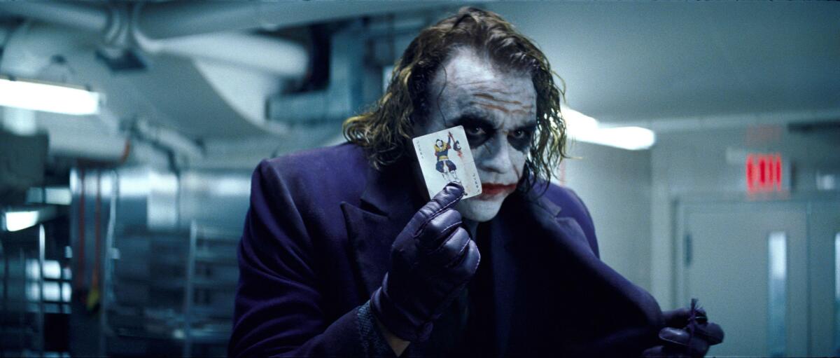 Heath Ledger as the Joker in "The Dark Knight." (Stephen Vaughan / Warner Bros.)