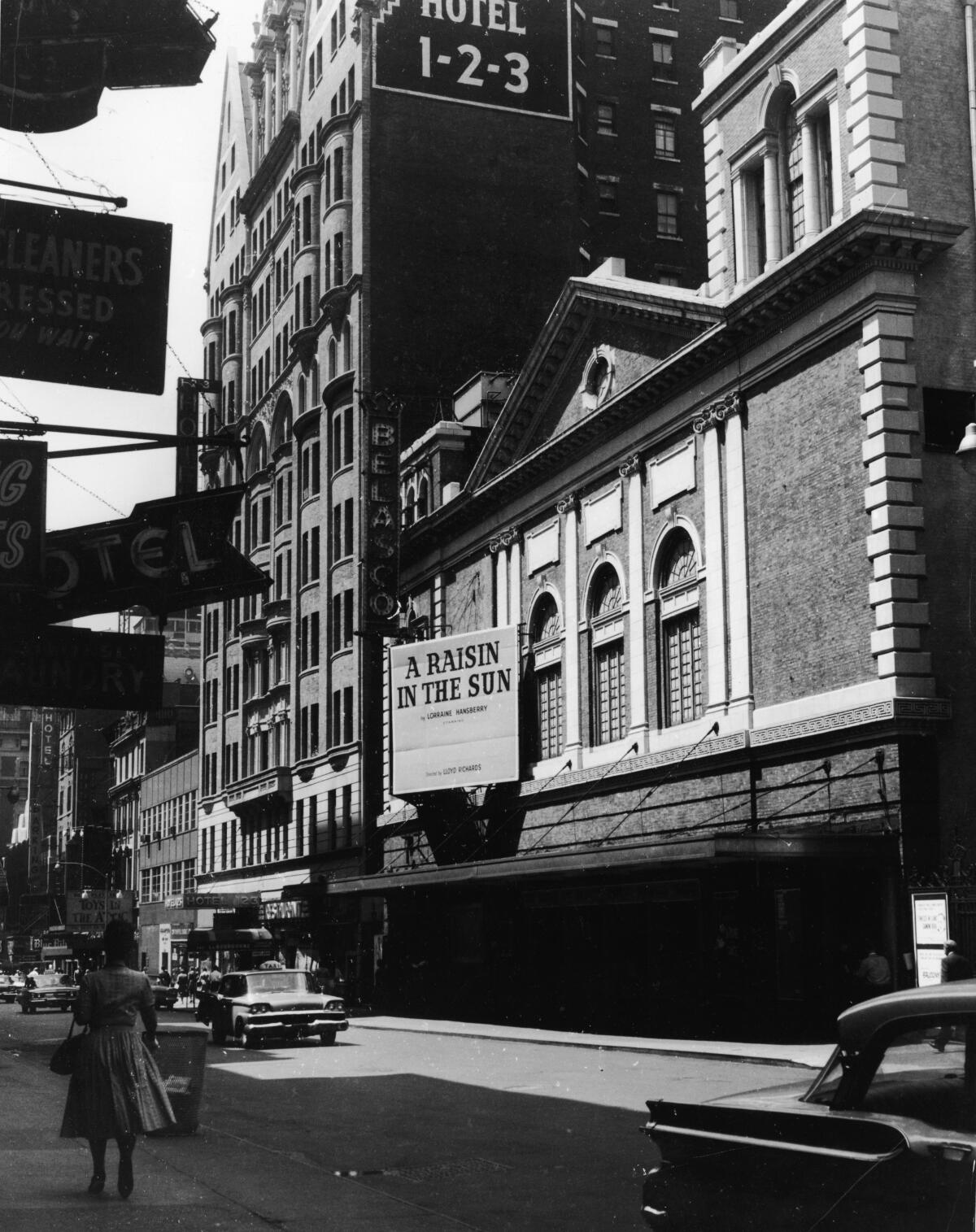 The marquee of the Belasco Theatre in New York advertises Lorraine Hansberry's play 'A Raisin in the Sun.'
