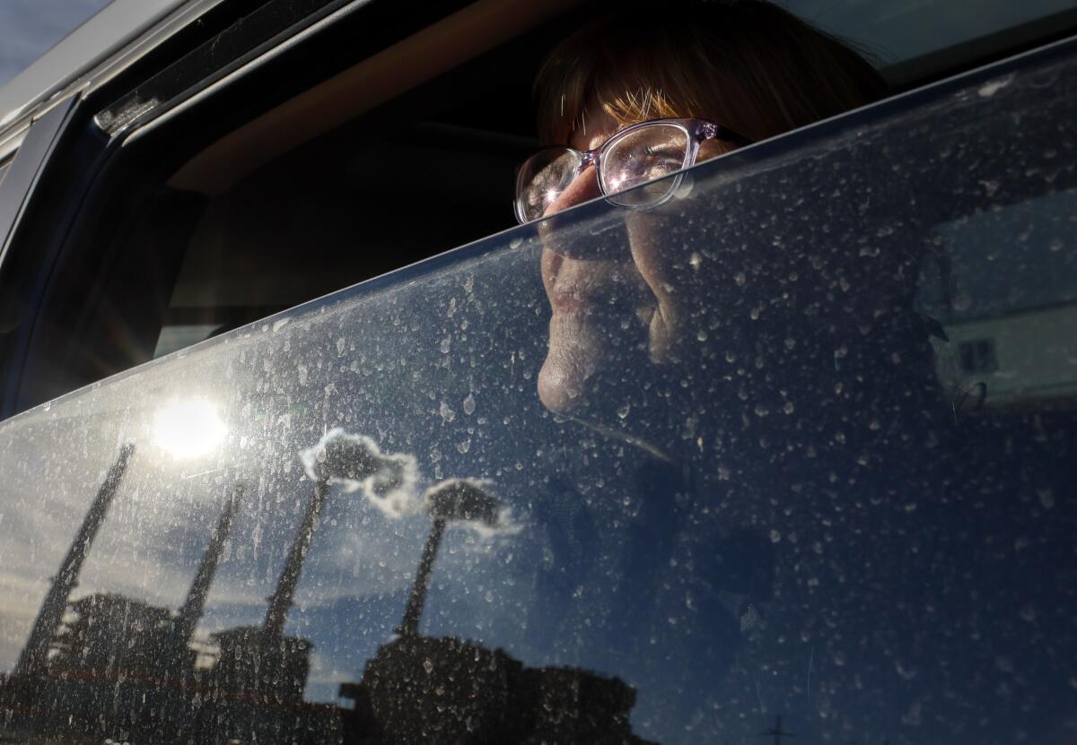 Montana environmental activist Anne Hedges looks out a car window at the coal-fired Colstrip power plant.