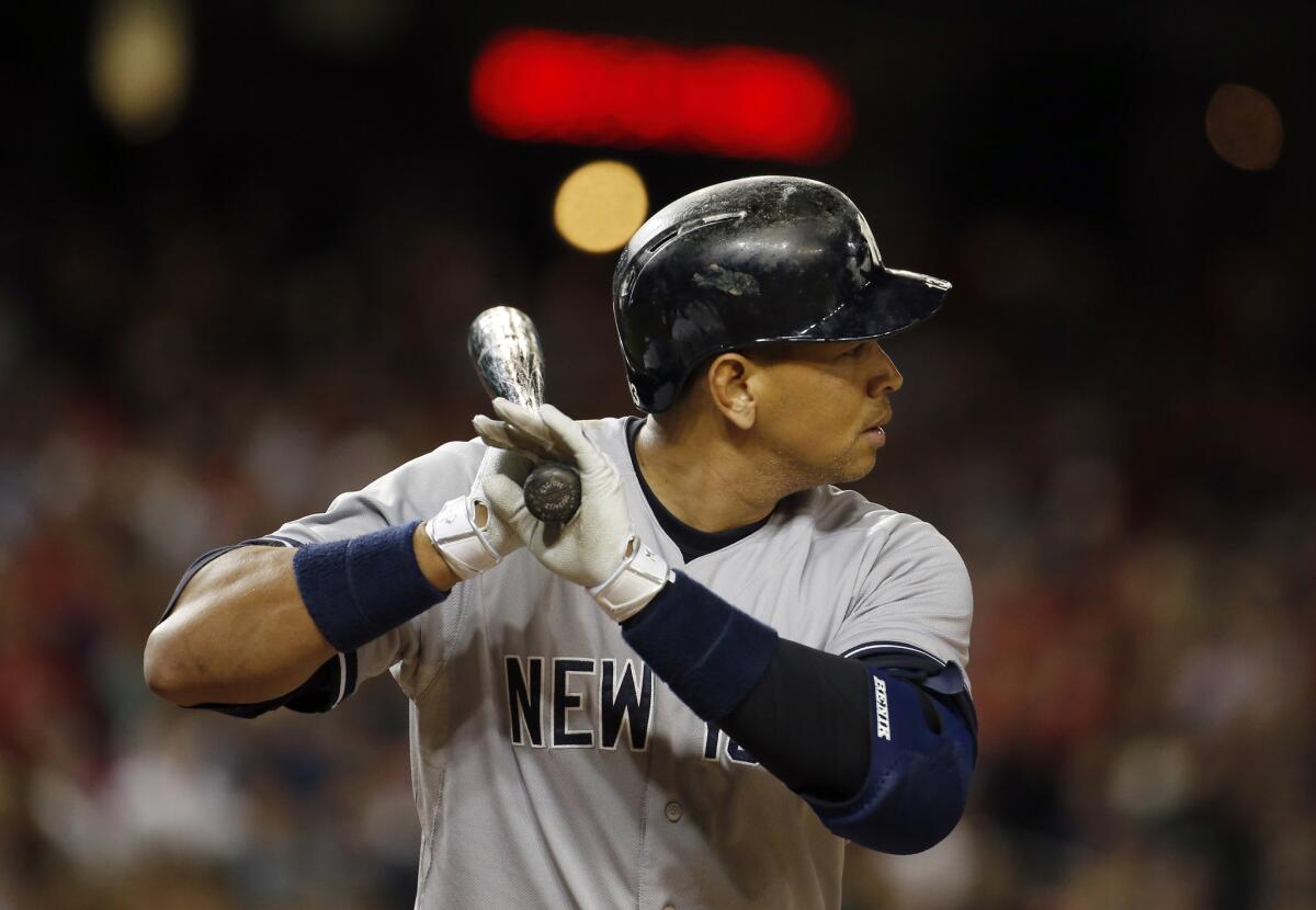 New York Yankees designated hitter Alex Rodriguez bats during the ninth inning of a game against the Washington Nationals on May 20.