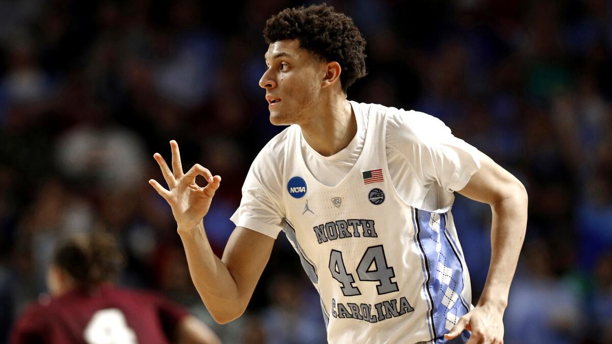 North Carolina forward Justin Jackson reacts after making a three-point basket against Texas Southern during the first half.